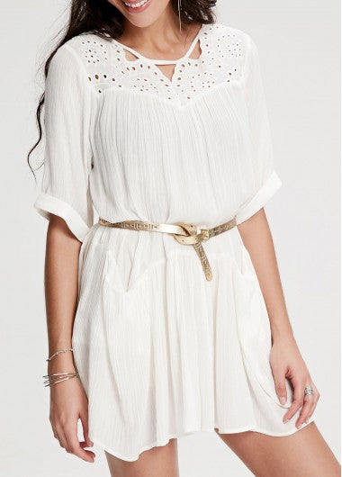 Trendy Panel Half Sleeve White Mini Dress