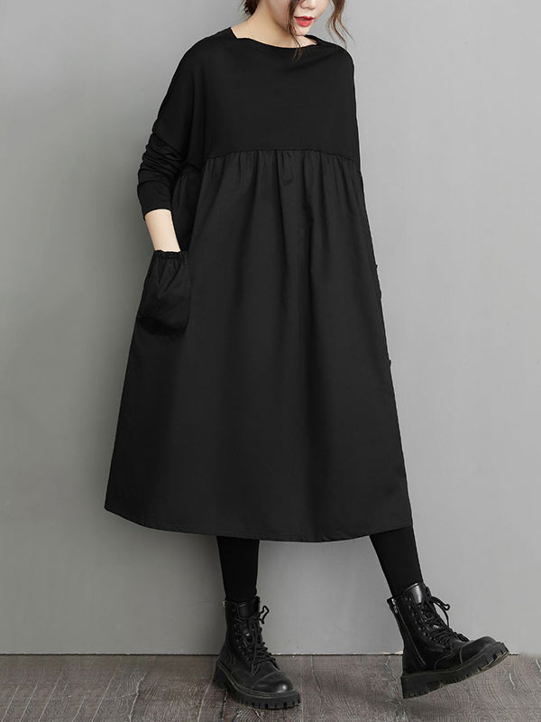 Simple Loose Black Split-Joint Modern Long Sleeves Midi Dress