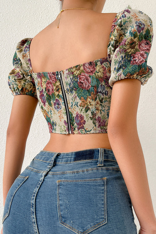 Crop Top mit Puffärmeln und Blumenstickerei im Vintage-Stil