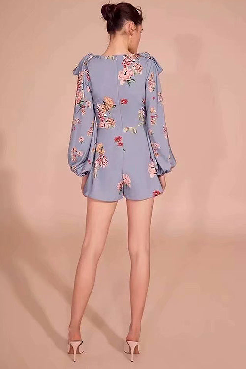 Emilia Blue Print Puff Sleeve Romper