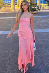 Strapless Ruched Fishtail Slit Dress