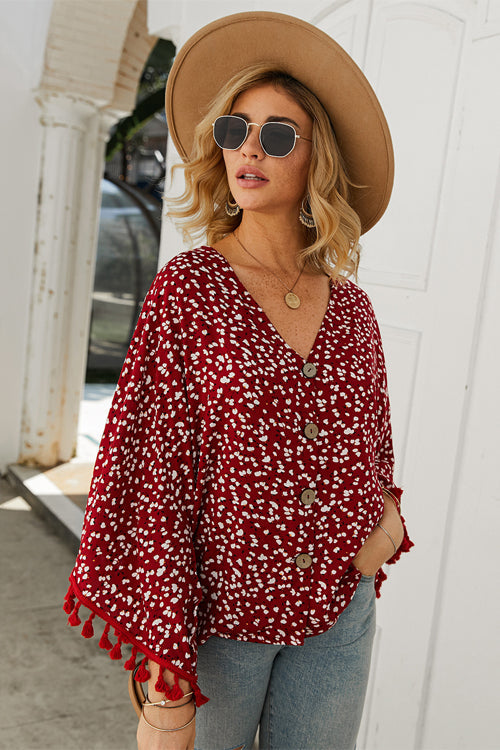 Sunshine Soul Bedrucktes Top mit Quaste und Knopfleiste – 3 Farben