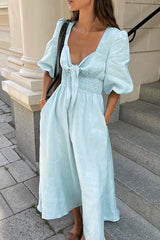 Playful Style Blue Puff Sleeves Maxi Dress