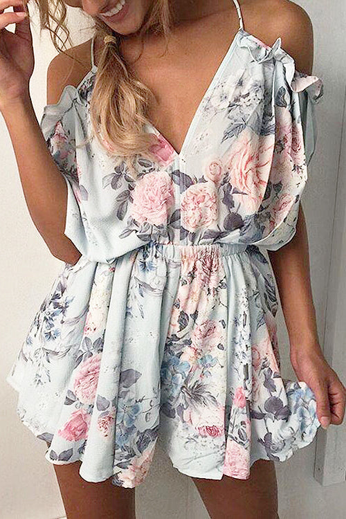 Cold Shoulder Ruffle Print Romper