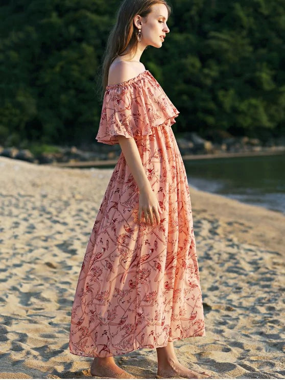 Stunning Off The Shoulder Floral Beach Maxi Dress