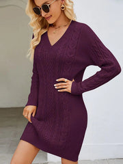 FASHION SOLID COLOR V-NECK LONG SWEATER DRESS