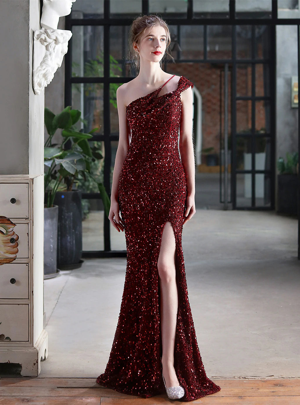 ONE SHOULDER SEQUINS LONG PARTY DRESS