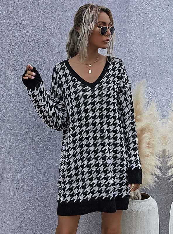 STYLISH VINTAGE V-NECK KNITTED SWEATER DRESS