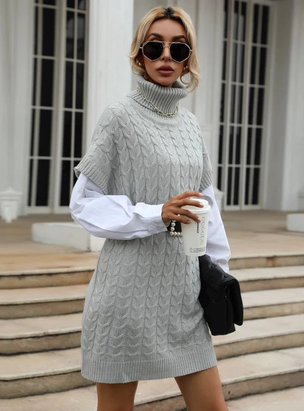 FASHION SOLID COLOR TWIST KNITTED TURTLENECK VEST SWEATER DRESS