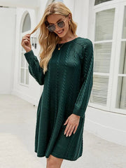 FASHION ROUND NECK TWISTED LOOSE LONG SWEATER DRESS