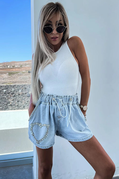 Sunny Days Rhinestones Blue Wash Denim Shorts - 3 Styles