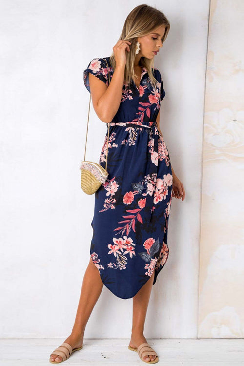 Split-neck Floral Print Midi Dress - 3 Colors