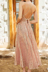 Sequin Pleated Halterneck Backless Midi Dress