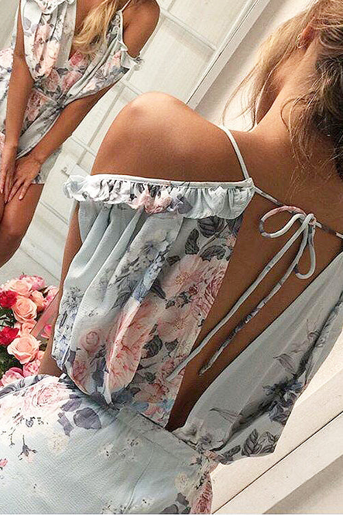 Cold Shoulder Ruffle Print Romper