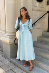 Playful Style Blue Puff Sleeves Maxi Dress