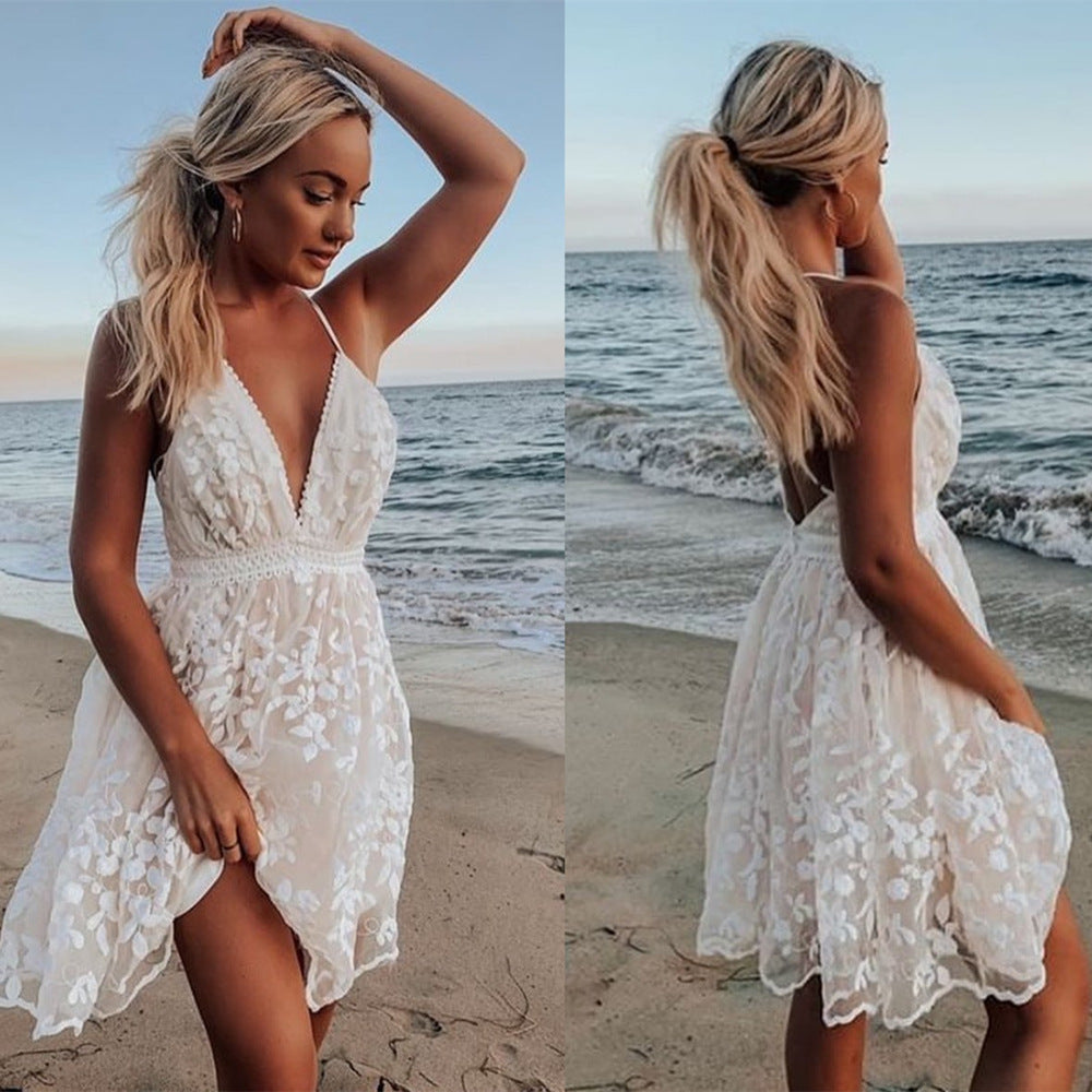 White solid Backless   Lace Mini dress