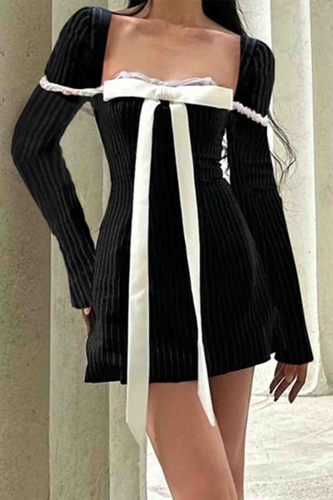 Square Neck Bow Tie Striped Long Sleeve Mini Dress