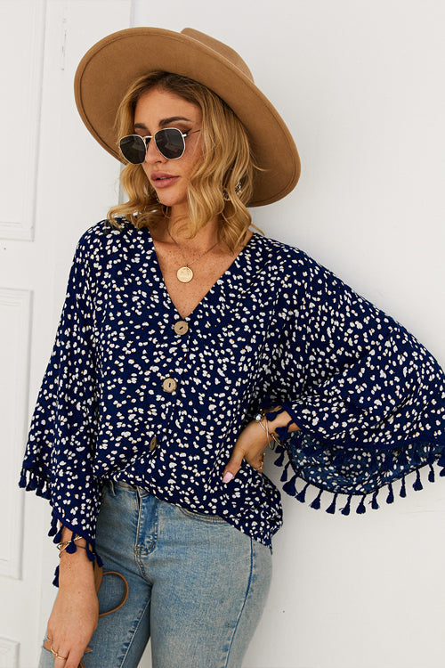 Sunshine Soul Bedrucktes Top mit Quaste und Knopfleiste – 3 Farben