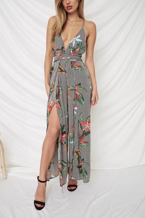 Stripe Print Backless Tie-waist Jumpsuit