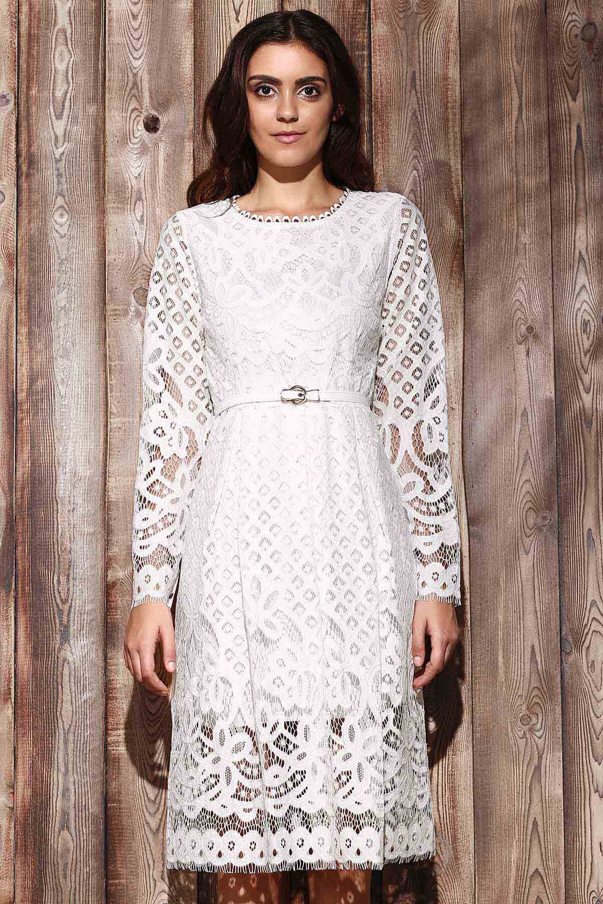 Lace Round Neck Long Sleeve A Line Dress