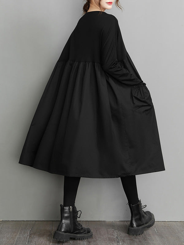 Simple Loose Black Split-Joint Modern Long Sleeves Midi Dress