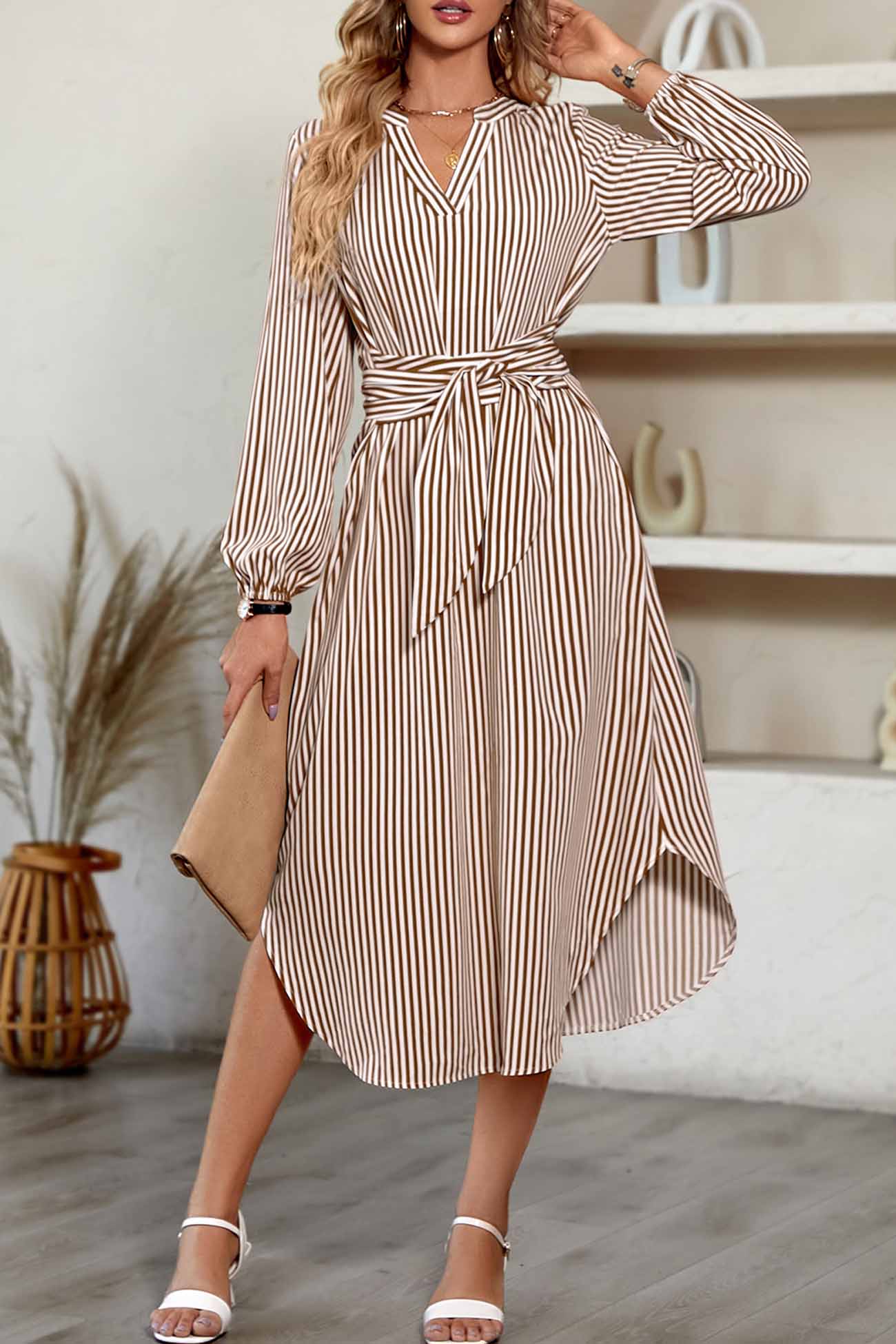 V Neck Striped Tie Waist Long Sleeve Midi Dress