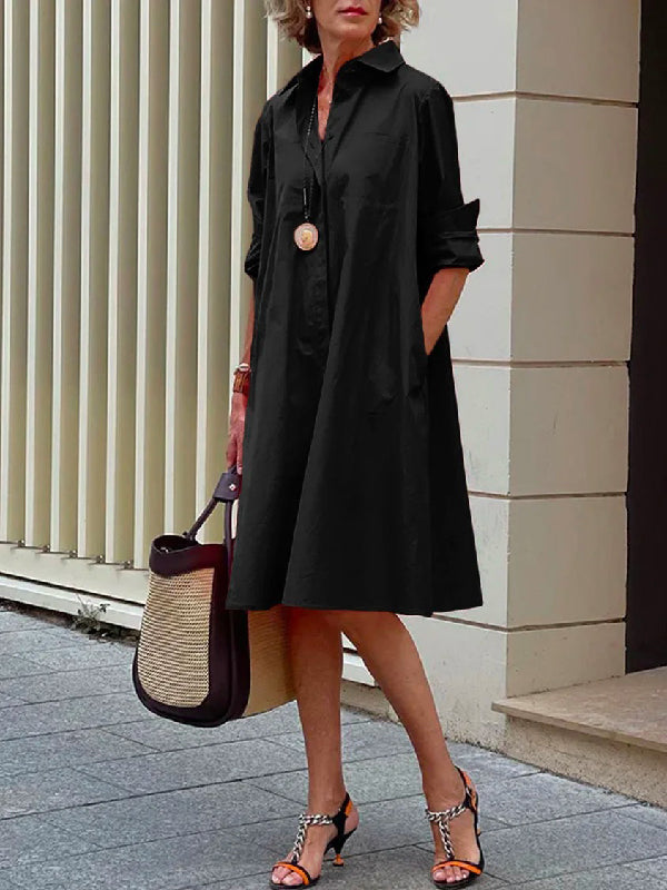 Simple Long Sleeves Solid Modern Color Lapel Midi Dress