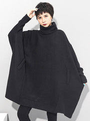 Super Loose Black High-Neck Modern Knitting Batwing Sleeves Sweater Dress