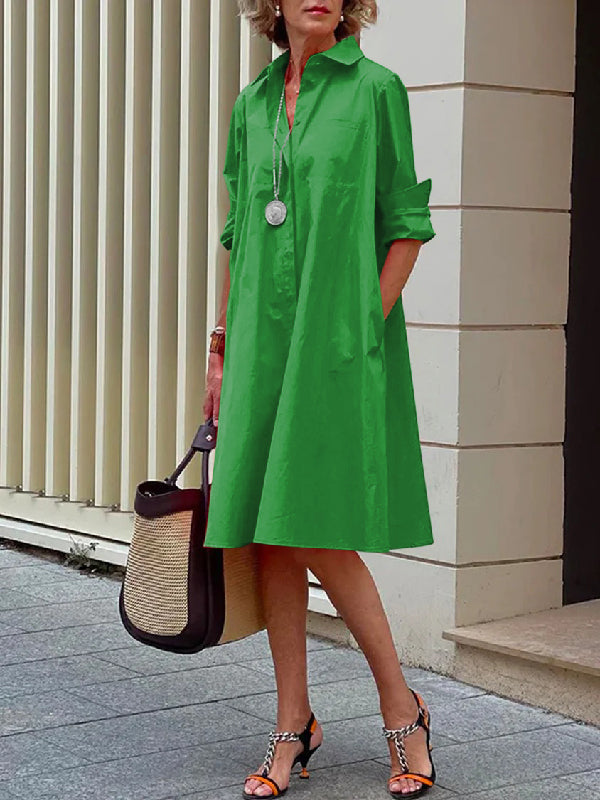 Simple Long Sleeves Solid Modern Color Lapel Midi Dress