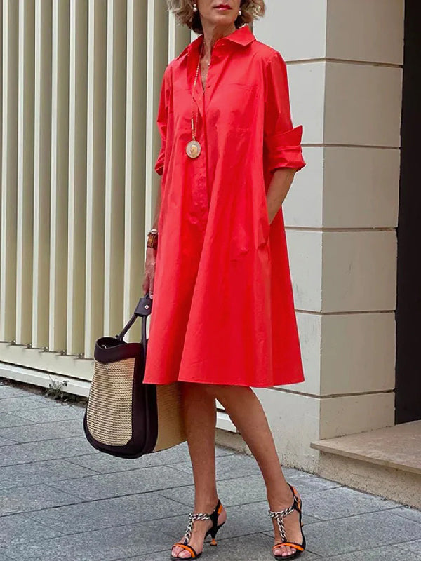 Simple Long Sleeves Solid Modern Color Lapel Midi Dress