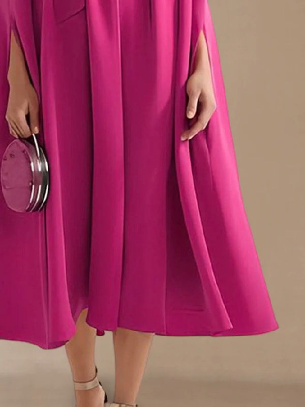 Simple Batwing Sleeves Lace-Up Modern Solid Color High-Neck Midi Dresses