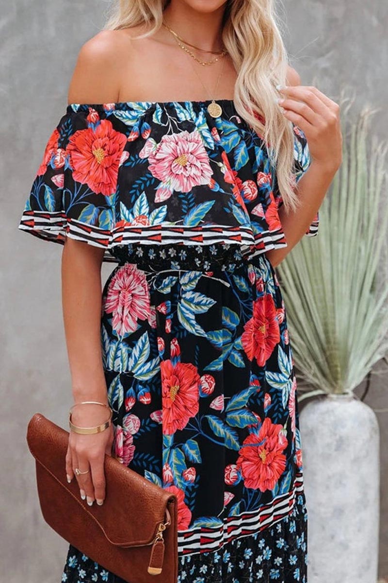 Elegantes Tube Top Trendy Dreifarbig Bedrucktes Maxikleid