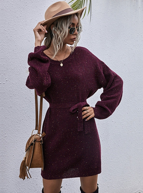 STYLISH LOOSE SOLID LACE-UP LONG SWEATER DRESS