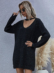 RETRO KNITTED DEEP V-NECK SWEATER DRESS