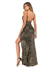 SLING V-NECK BLACK AND GOLD PLAID SEQUINED LONG DRESS