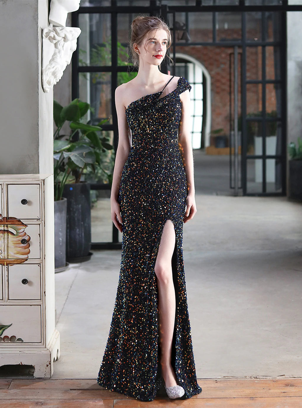 ONE SHOULDER SEQUINS LONG PARTY DRESS