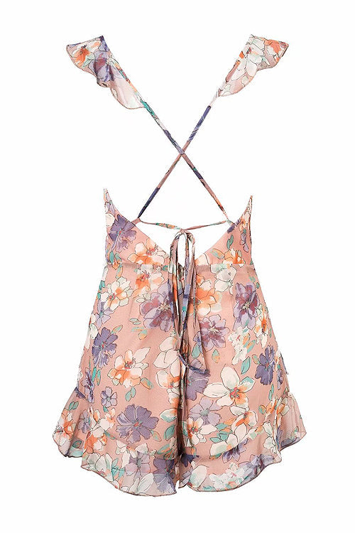 Lotus Print Ruffle Up Backless Romper