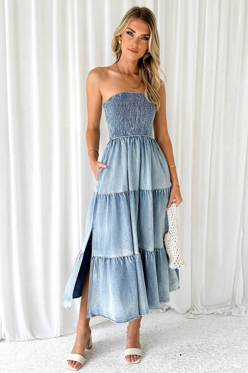 Complete Crush Denim Strapless Pleated Midi Dress