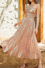 Sequin Pleated Halterneck Backless Midi Dress