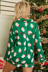 Green Christmas Santa Claus Print Satin Shirt and Shorts Pajama Set