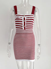 CLASSY BUTTON OPENWORK STRIPED SUSPENDER SWEATER DRESS