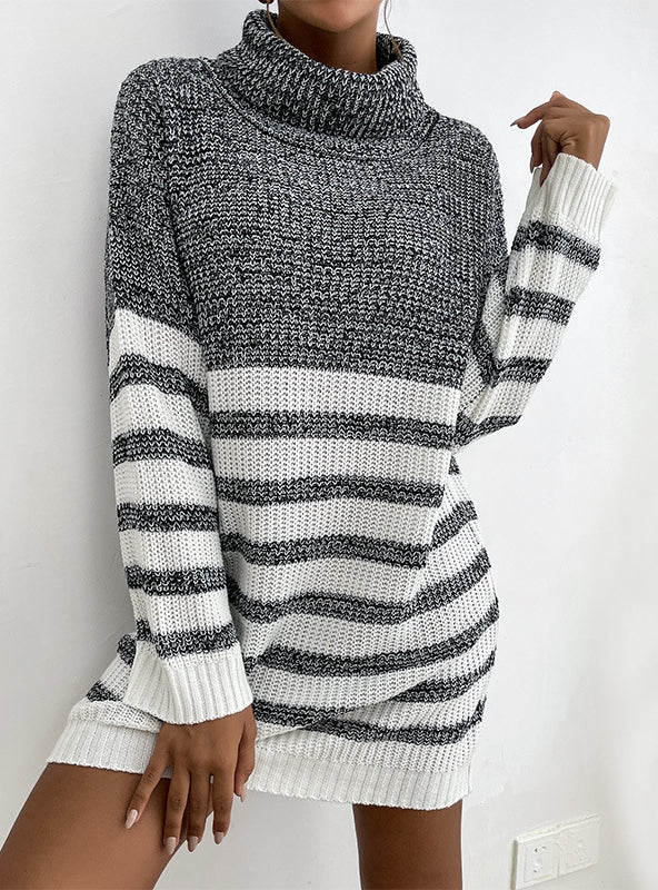 FASHION LOOSE STRIPED STITCHING CONTRAST TURTLE NECK DRESS