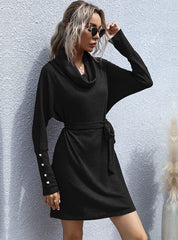 STYLISH PILE-COLLAR LONG SLEEVE SWEATER DRESS