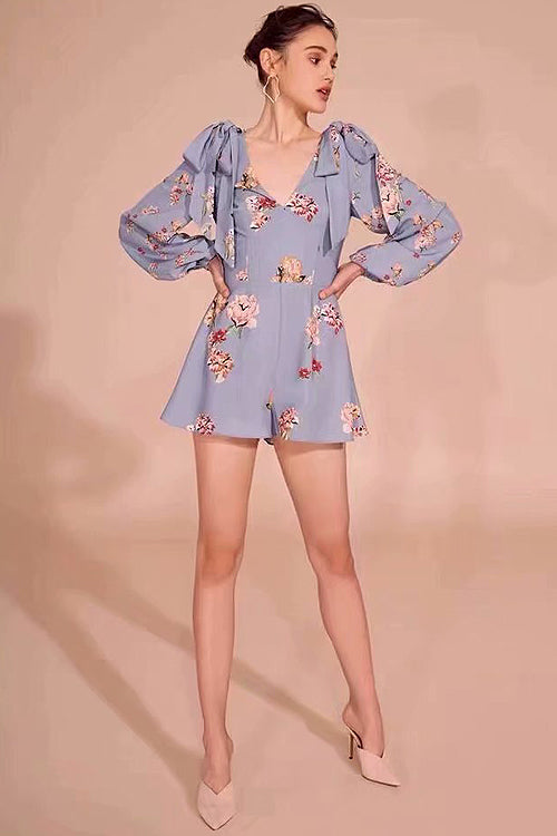 Emilia Blue Print Puff Sleeve Romper