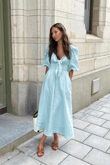 Playful Style Blue Puff Sleeves Maxi Dress