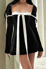 Square Neck Bow Tie Striped Long Sleeve Mini Dress