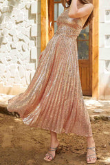 Sequin Pleated Halterneck Backless Midi Dress