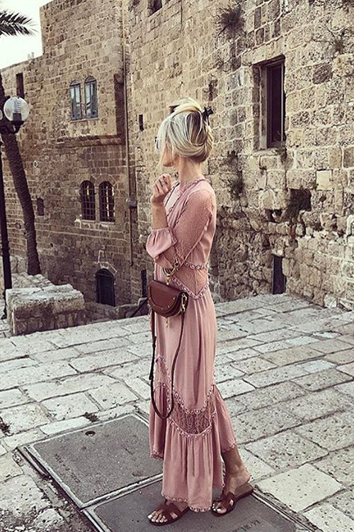 Pink Lace Irregular Hem Maxi Dress