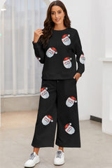 Black Christmas Sequined Santa Clause Print Textured Pants Set