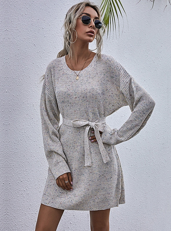 STYLISH LOOSE SOLID LACE-UP LONG SWEATER DRESS